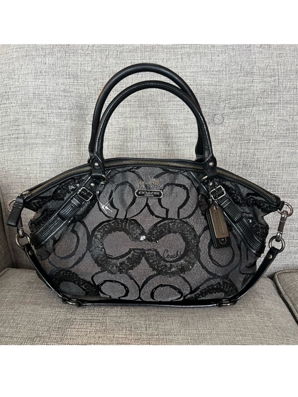 Coach RARE Madison Large Op Art Sophia Sequin Metallic Leather Gun Metal Satchel